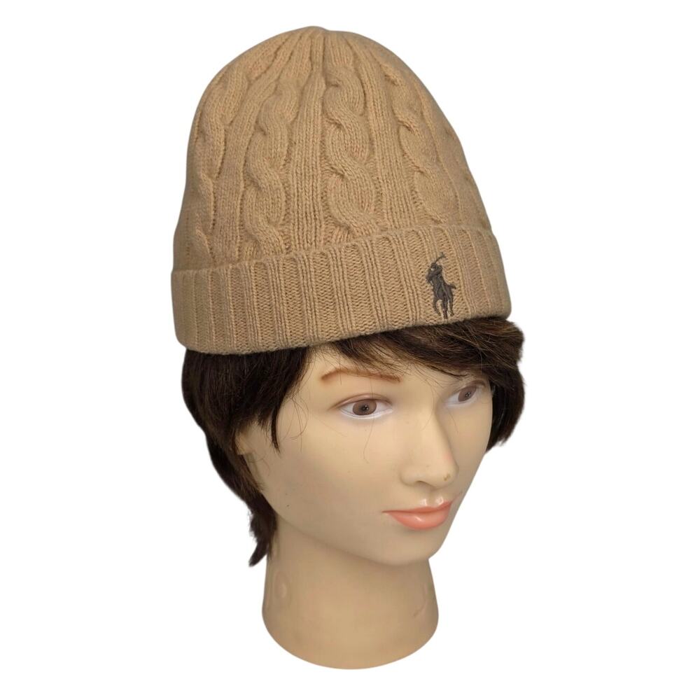 POLO RALPH LAUREN CABLE‑KNIT CLASSIC BEANIE – TAN – ONE SIZE – EMBROIDERED PONY